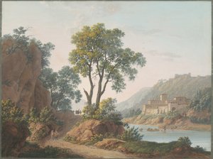 Paesaggio fluviale con castelli e viaggiatori