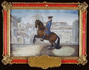 No. 35 Un cavallo baio della Scuola di Equitazione Spagnola che esegue un movimento di dressage in Piazza San Marco, Firenze da Baron Reis Eisenberg