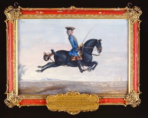 No. 50 Un cavallo nero chiamato Curioso eseguendo un movimento di dressage chiamato Capriole da Baron Reis Eisenberg