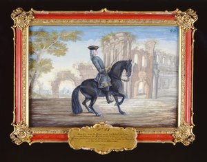 No. 52 Le Bienvenu, un cavallo baio scuro della Scuola di Equitazione Spagnola eseguendo un movimento di dressage da Baron Reis Eisenberg