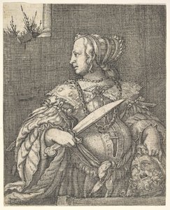 Giuditta, mezzo busto e di profilo a sinistra, una spada nella mano destra e la testa di Oloferne da Barthel Beham