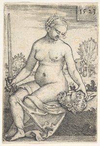 Giuditta, nuda seduta con una spada nella mano destra, che guarda la testa di Oloferne da Barthel Beham