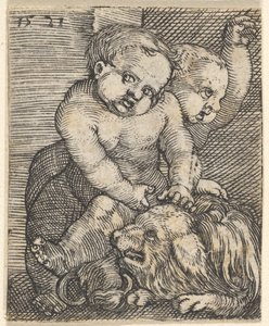 Due ragazzi che giocano con un cane, metà del XVI secolo da Barthel Beham