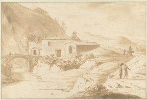 Paesaggio collinare con una cappella vicino a un ponte