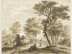 Paesaggio con figure e a sinistra un uomo in una barca da Bartholomeus Barbiers
