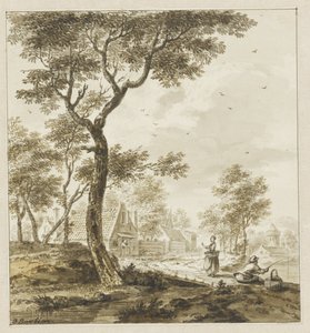 Paesaggio con figure e pescatore a destra