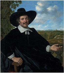 Ritratto di Gabriel Marselis, di tre quarti, seduto, davanti a una balaustra, paesaggio con casa di campagna e vista lontana di Haarlem da Bartholomeus van der Helst