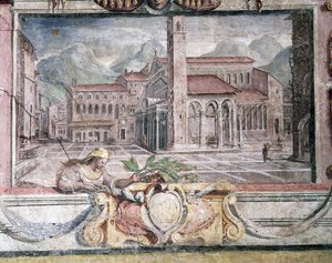 Camera da letto, dettaglio del fregio raffigurante città sotto il dominio dei Medici, Pistoia (dettaglio)