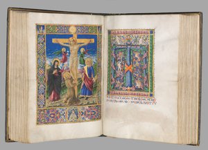 Missale: Fol. 185v: Crocifissione con bordi a tutta pagina, 1469 da Bartolomeo Caporali