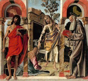 Cristo risorto con Maria Maddalena e i santi Giovanni Battista e Girolamo, c. 1492 da Bartolomeo Montagna