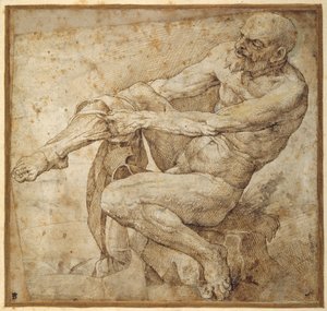 Uomo nudo che si tira su la calza, dopo Marcantonio Raimondi e Michelangelo Buonarroti