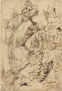 Studi di una scultura di un nudo maschile, vertebre e figure gesticolanti da Bartolomeo Passarotti