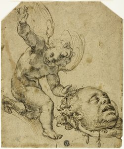 Due schizzi: Putto inginocchiato che regge una testa (recto) Dettagli di un bambino maschio nudo (verso) da Bartolomeo Passarotti