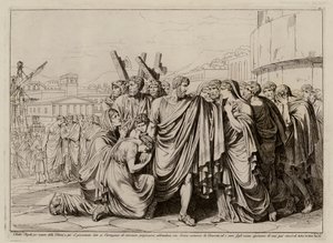 Atilio Regolo si prepara a lasciare Roma per tornare in cattività a Cartagine (acquaforte) da Bartolomeo Pinelli