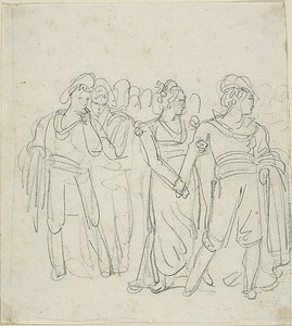 Capo brigante trattenuto da una donna (recto); schizzo di due figure in un paesaggio (verso) da Bartolomeo Pinelli