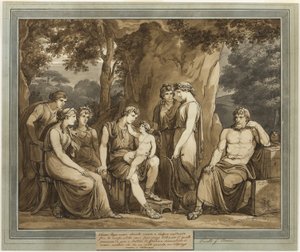 Calipso osserva Telemaco con Cupido sulle ginocchia, mentre Mentore osserva con rabbia, dal libro 7 delle Avventure di Telemaco da Bartolomeo Pinelli