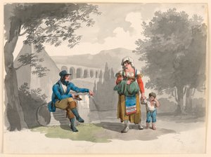 Disegno, una donna che tiene per mano un bambino che passa davanti a un gentiluomo seduto tra le rovine della Campagna, 1807