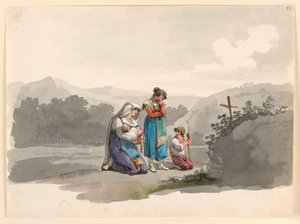 Disegno, donna con bambino che prega davanti alla croce che segna il luogo in cui fu ucciso il marito, 1807-08