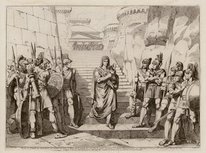 Gaio Fabio Dorsuo passa indisturbato davanti ai Galli mentre si reca a compiere un sacrificio, 390 a.C. (incisione) da Bartolomeo Pinelli