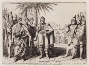 Gaio Popillius Laenas disegna un cerchio nella sabbia intorno ad Antioco IV Epifane (incisione) da Bartolomeo Pinelli