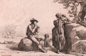 Due popolani con un bambino e un cane a Fraine, Abruzzo, incisione di Bartolomeo Pinelli da Bartolomeo Pinelli