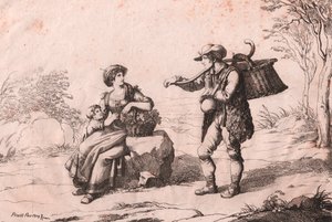 Donna di Pietra Terrazzana in costumi tradizionali, Abruzzo, e gioncataro (venditore di caciotte), incisione di Bartolomeo Pinelli da Bartolomeo Pinelli
