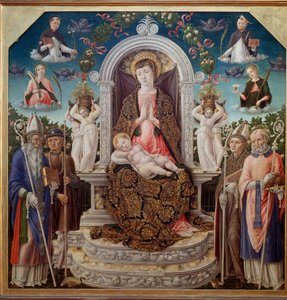Vergine con Bambino sul trono circondata da San Agostino, San Rocco, San Luigi di Tolosa, San Nicola di Myra e in cielo Santa Caterina, Santa Domenica, San Pietro Martire e Santa Maria Maddalena da Bartolomeo Vivarini