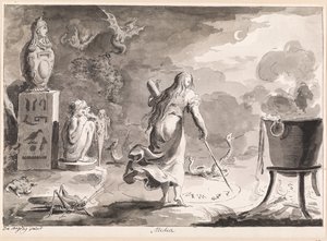 Medea. Una donna di spalle, tra rettili, creature metà uomo e metà animale, un calderone di strega e statue di dei egizi, scrive rune magiche in un cerchio sul terreno di notte da Bartolomeo d