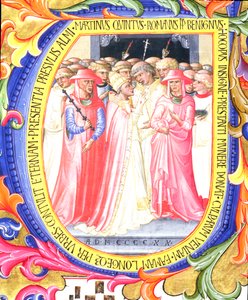 Ms 557 f.61v Iniziale istoriata U raffigurante Papa Martino V che consacra la Chiesa di Sant