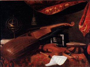 Natura morta con strumenti musicali (Violino, liuto e spinetta e sfera armillare)