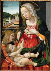 Madonna che allatta Gesù bambino, circondata da angeli... (dipinto su tavola)