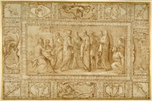 Una cerimonia di matrimonio e altri disegni per decorare un soffitto da Battista Franco