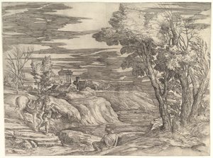 Paesaggio con un Cavaliere e il Suo Stalliere da Battista Franco Veneziano