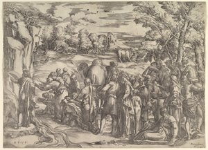 Mosè che estrae acqua dalla roccia, a sinistra con acqua che scorre, varie figure e...