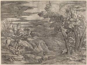 Paesaggio con un uomo che conduce un cavallo da Battista Franco after Titian