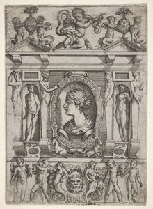 Busto di una donna di profilo rivolto a sinistra, inserito in una cornice elaborata con figure, ca. 1540-80