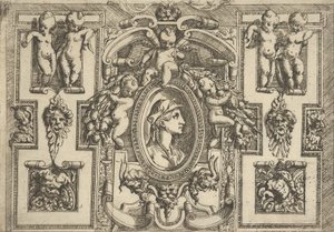 Busto di una donna di profilo rivolta a destra, inserito in una cornice elaborata con putti da Battista del Moro