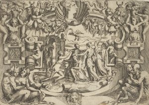 Quattro donne che circondano una figura seduta, un uccello sopra di loro, inserite in un elaborato... da Battista del Moro