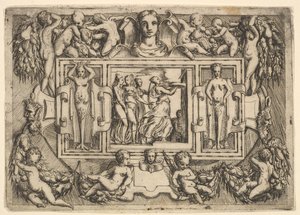 La sibilla cumana cammina verso destra e porta un vassoio, seguita da tre donne da Battista del Moro
