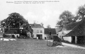 Fattoria di Hougoumont, un importante sito strategico per Wellington durante la battaglia di Waterloo, cartolina commemorativa c.1912