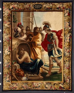 Diogene e Alessandro: incontro tra il filosofo greco Diogene di Sinope (413-327 a.C.) nella sua botte e il re Alessandro Magno (356-323 a.C.) a Corinto. Quando il conquistatore gli chiese cosa volesse, Diogene rispose: "Togliti un po