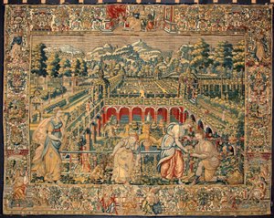 Scena di raccolta della frutta. Arazzo delle manifatture di Bruxelles. XVI secolo Genova, Musei di Strada Nuova