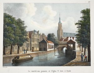 Il mercato del pesce e la Chiesa di San Giovanni a Gouda da Belgian School