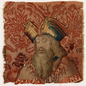 Pannello di arazzo raffigurante la testa di un sacerdote o re, realizzato forse a Tournai, Belgio, forse inizio XVI secolo da Belgian School