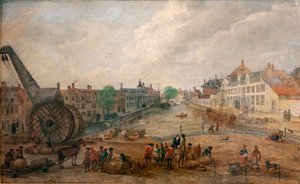 Veduta di Gand Lievekaai e Augustijnenkaai con una gru di legno, copia di un dipinto del XVIII secolo di Engelbert van Siclers da Belgian School