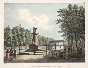 Vista della fontana e del mercato del grano a Leyden da Belgian School