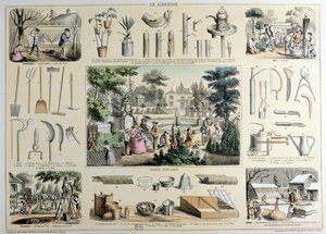 Rappresentazione educativa del giardinaggio, con illustrazioni degli attrezzi da giardino e scene che mostrano le attività appropriate per ogni stagione (incisione a colori)