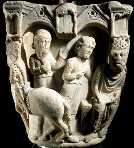 Salomone e la Regina di Saba, di Benedetto Antelami, rilievo del capitello, Duomo di Parma, Italia