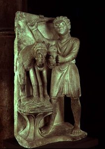 Trebbiatura del grano: luglio da un calendario statuario dei lavori dei mesi, c.1200 da Benedetto Antelami