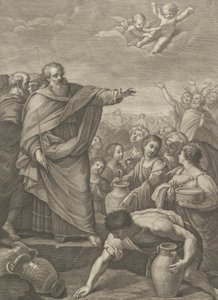 Mosè a sinistra con gli Israeliti che raccolgono la manna mentre cade dal cielo, due angeli sopra, 1776